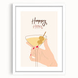 Abstract art print featuring swirling blue and white patterns on a framed white mat, ideal for dining room decor.