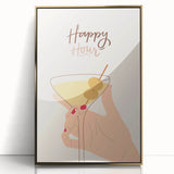 Art deco poster featuring a stylized cocktail glass, in gold and black tones, framed in acrylic.