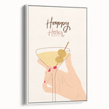 Vintage poster art of colorful food and drinks on a white framed canvas, ideal for living room decor.