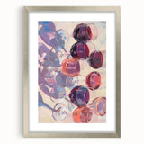 Textured abstract art print of colorful fruits on a silver-framed canvas, suitable for bedroom decor.