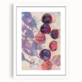 Abstract art print of assorted fruits in vibrant colors on a white framed mat, ideal for dining room decor.