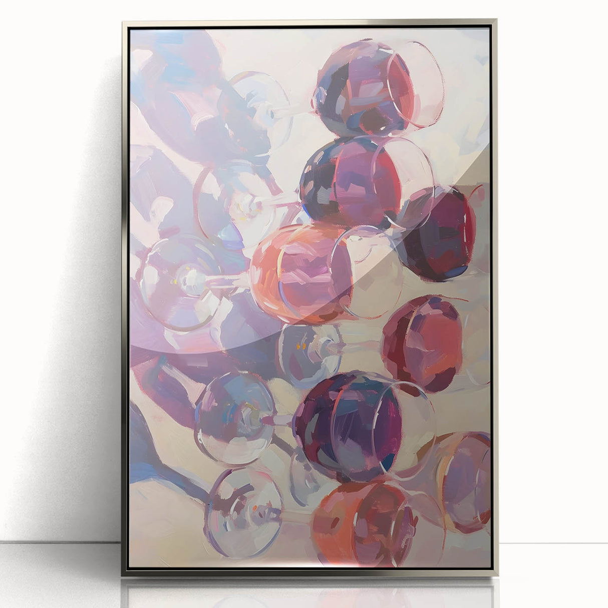 Mid-century modernist art featuring assorted fruits in vibrant colors on a silver-framed acrylic print.