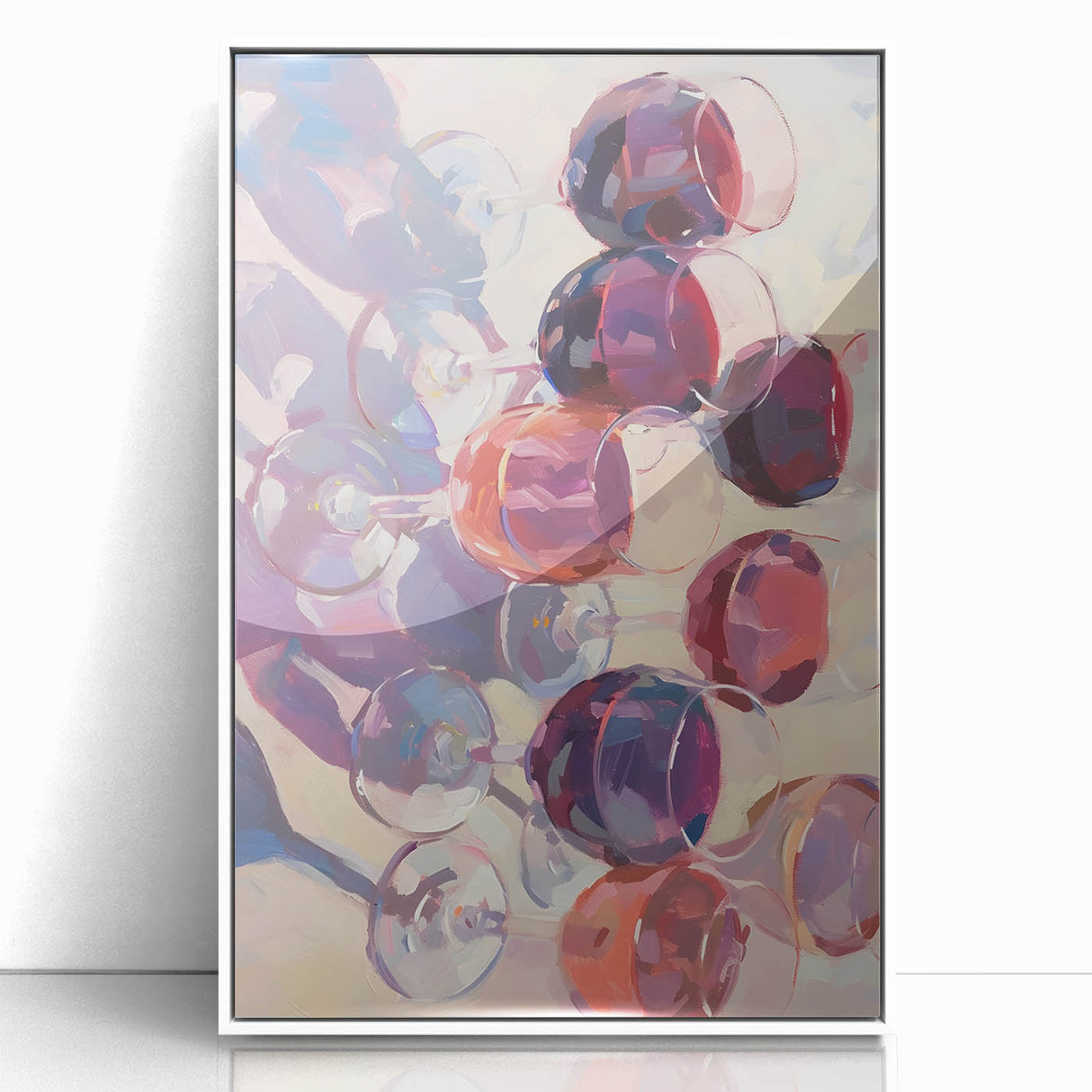 Art Deco style poster of vibrant fruits on white acrylic, framed, ideal for modern kitchen decor.