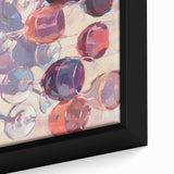 Close-up of black wall art featuring colorful textured fruits on extra large framed canvas, ideal for living room decor.