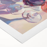 Art deco poster featuring assorted fruits in bold colors on rolled canvas, suitable for dining room decor.