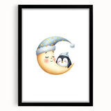 Children's Wall Decor - Sleeping Moon & Penguin Nighttime Print