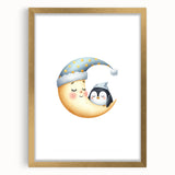 Children's Wall Decor - Sleeping Moon & Penguin Nighttime Print