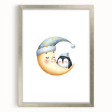 Children's Wall Decor - Sleeping Moon & Penguin Nighttime Print