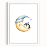 Children's Wall Decor - Sleeping Moon & Penguin Nighttime Print