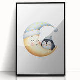Children's Wall Decor - Sleeping Moon & Penguin Nighttime Print