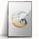 Children's Wall Decor - Sleeping Moon & Penguin Nighttime Print