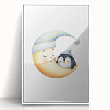 Children's Wall Decor - Sleeping Moon & Penguin Nighttime Print