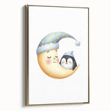 Children's Wall Decor - Sleeping Moon & Penguin Nighttime Print