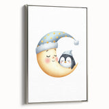 Children's Wall Decor - Sleeping Moon & Penguin Nighttime Print