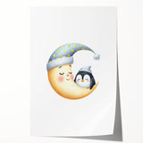 Children's Wall Decor - Sleeping Moon & Penguin Nighttime Print