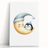 Children's Wall Decor - Sleeping Moon & Penguin Nighttime Print