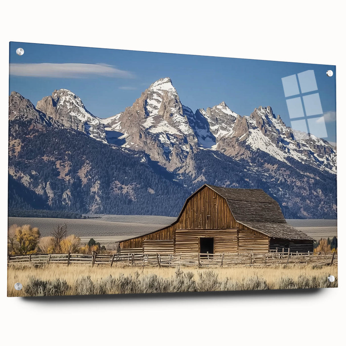 Acrylic wall art featuring a vibrant landscape of a rustic barn, designed with colorful elements and displayed from a side view, emphasizing the texture and pin details for an artistic touch.