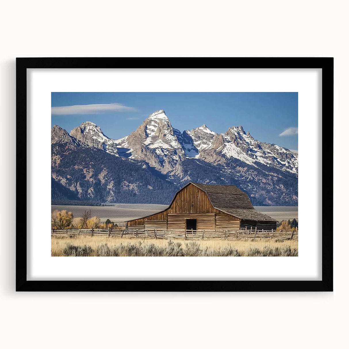 Elegant black barn frame showcasing a landscape artwork with a matte black finish, perfect for enhancing home decor aesthetics. Ideal for art enthusiasts and interior designers.