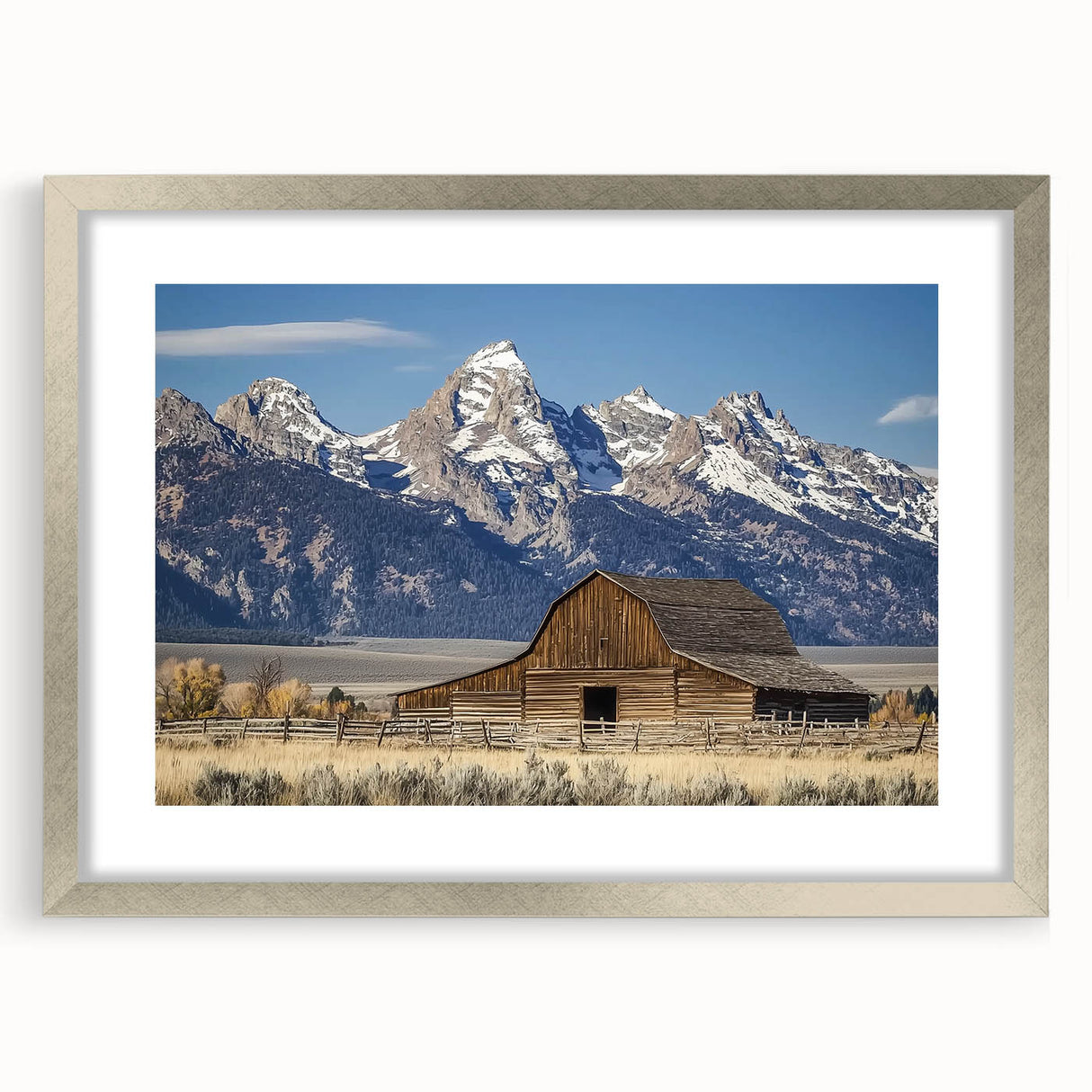 Landscape barn frame with a silver mat and elegant front view, showcasing a rustic aesthetic ideal for home decor, art displays, or photography presentations.