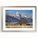 Landscape barn frame with a silver mat and elegant front view, showcasing a rustic aesthetic ideal for home decor, art displays, or photography presentations.