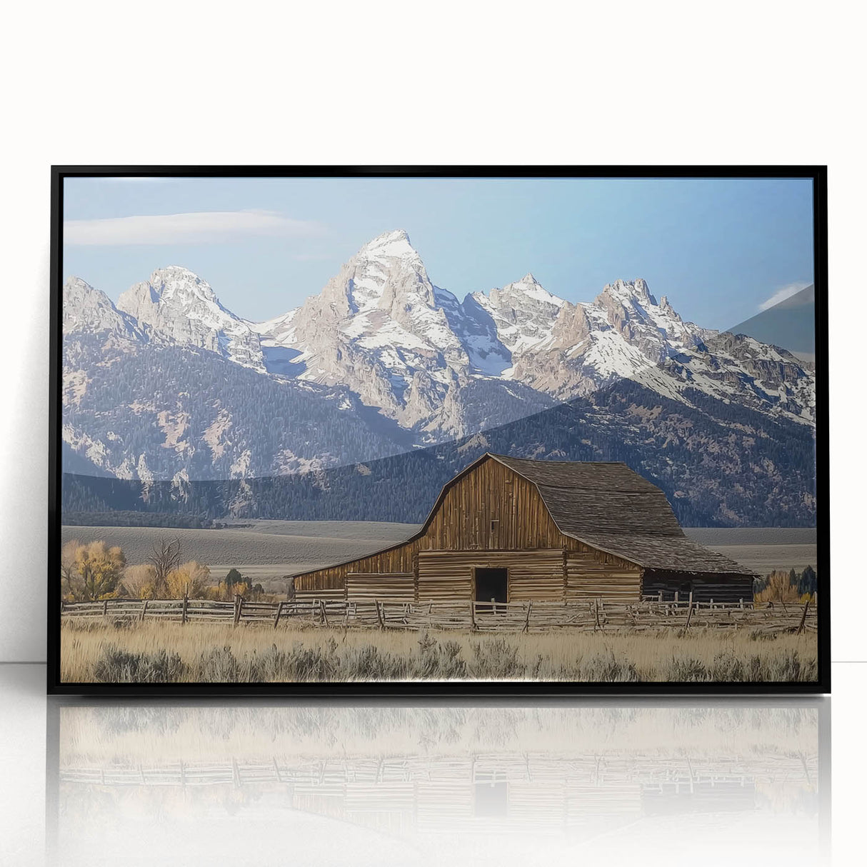 Black-framed acrylic artwork showcasing a vibrant landscape design, featuring lush greenery and a serene sky, perfect for home decor enhancement.