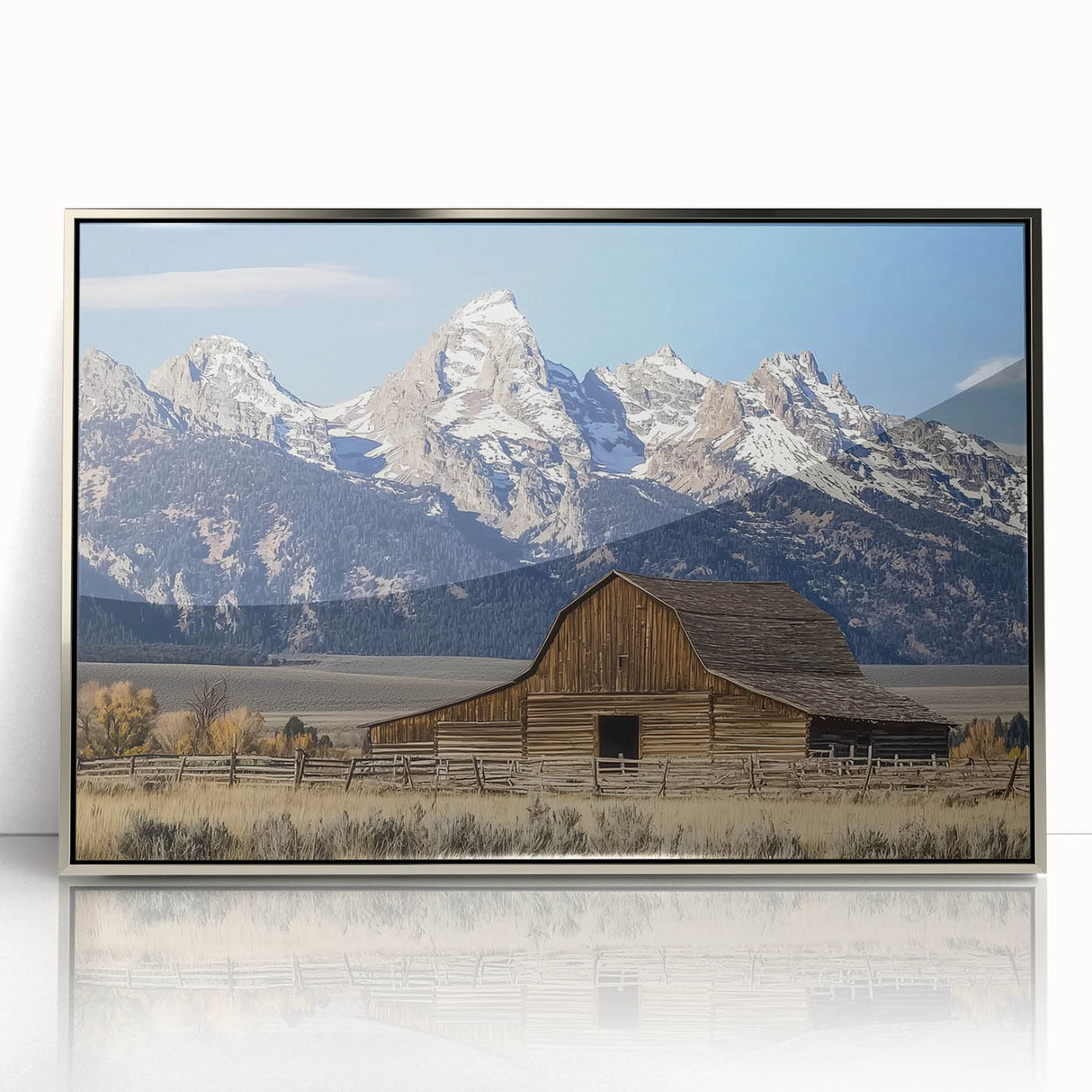 Framed acrylic artwork of a silver barn landscape, showcasing detailed textures and colors, ideal for modern home decor and accentuating rustic themes. Perfect for enhancing interior spaces with a touch of elegance and charm.