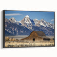 Black-framed canvas showcasing a landscape design of a serene barn scene, emphasizing rustic charm and natural beauty, ideal for home decor and art enthusiasts.