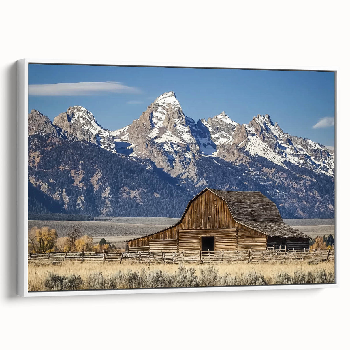 Landscape barn framed canvas in white, showcasing a serene countryside scene with lush greenery and a rustic barn, ideal for home decor enthusiasts seeking a touch of nature.