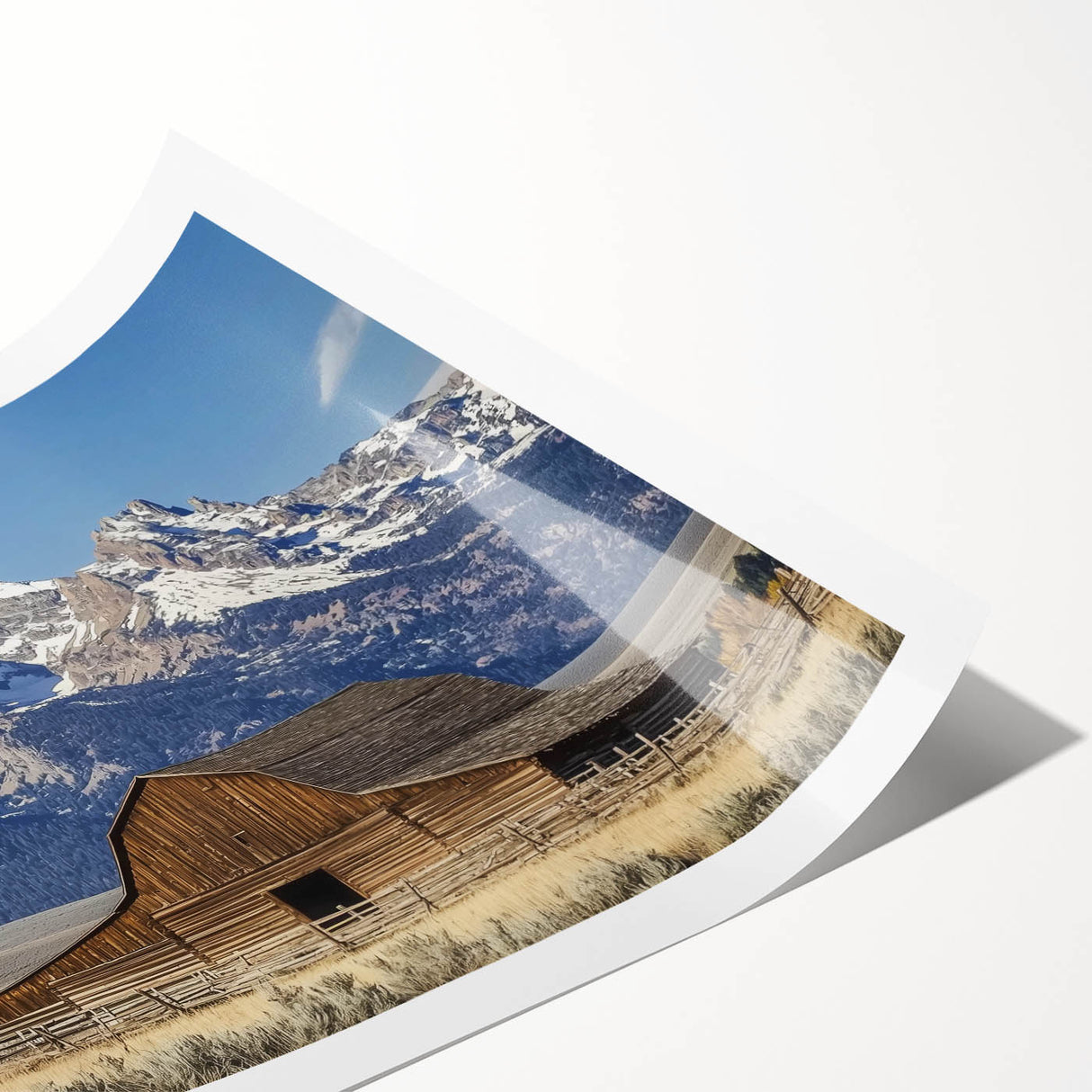 Landscape canvas print showcasing a serene barn scene with lush green fields and a clear blue sky, elegantly rolled and ready for display. Perfect for rustic home decor.