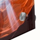 Close-up of a vibrant acrylic landscape depicting colorful canyons, showcasing rich textures and hues of orange and blue, perfect for modern home decor.