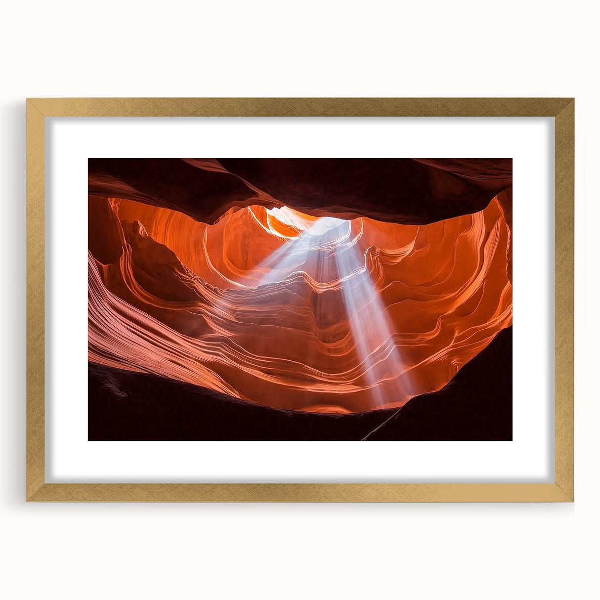 Landscape artwork featuring a stunning canyon scene framed in gold with a white mat, ideal for home decor. Perfect for nature lovers and art enthusiasts.