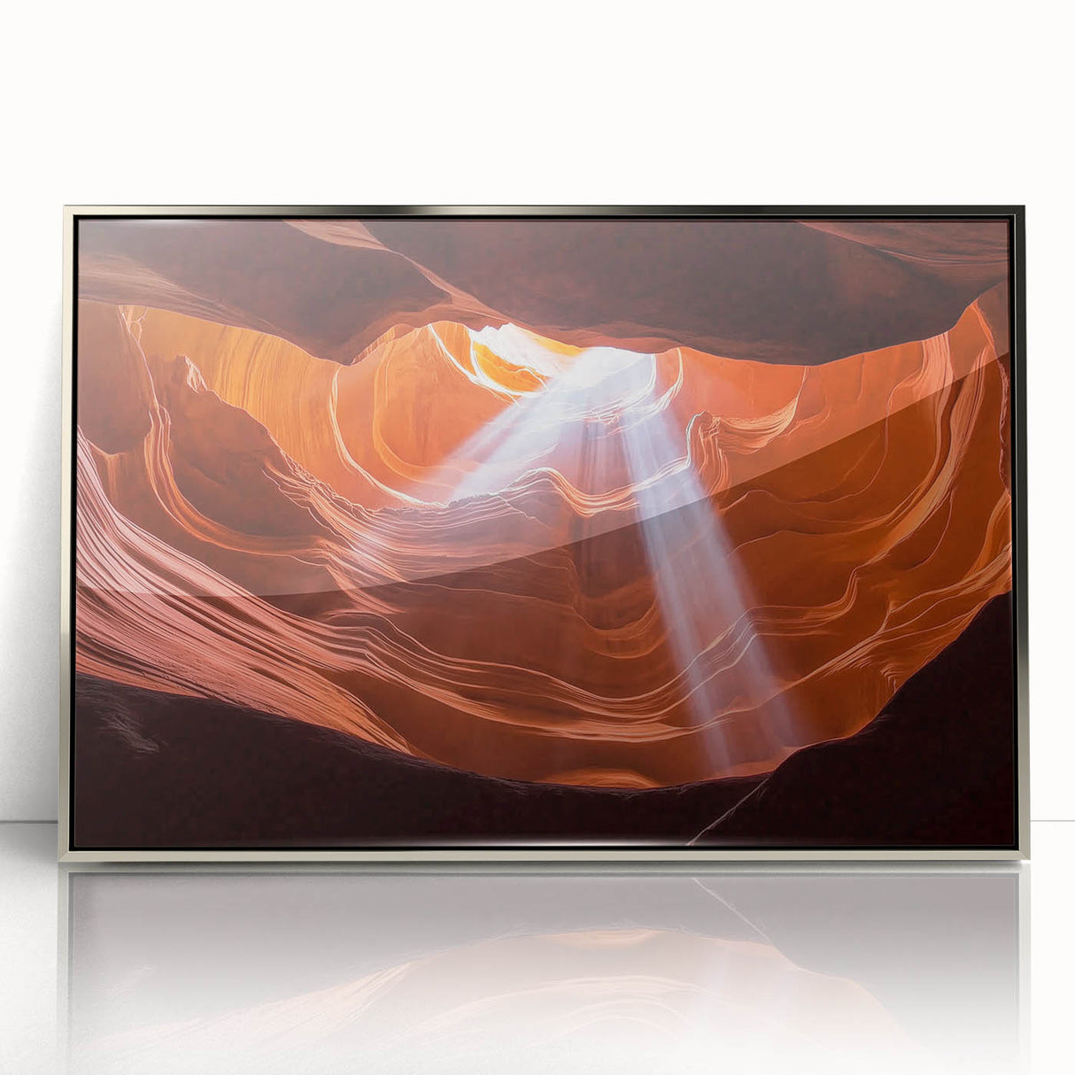 Framed acrylic artwork titled "Landscape Canyons" showcasing vibrant desert hues and intricate canyon details, perfect for modern home decor. Ideal for nature enthusiasts.