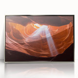 Framed acrylic artwork titled "Landscape Canyons" showcasing vibrant desert hues and intricate canyon details, perfect for modern home decor. Ideal for nature enthusiasts.