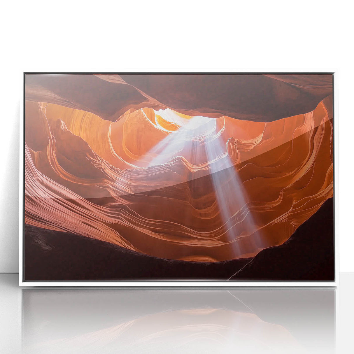 Framed acrylic landscape artwork depicting vibrant canyons in rich earthy tones, elegantly displayed in a white frame, perfect for enhancing modern home decor.