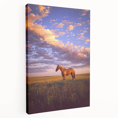 Stretched canvas artwork depicting a serene countryside landscape with rolling hills and a vibrant sunset, showcasing rich colors and intricate details. Ideal for home decor.