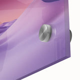 Close-up of a vibrant desert landscape acrylic glass artwork, showcasing rich colors and intricate details of sand dunes and rocky formations, ideal for modern decor.