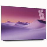 Acrylic glass artwork showcasing a serene desert landscape in warm tones, highlighting rolling sand dunes and a clear blue sky, perfect for modern home decor.