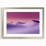 Desert landscape artwork framed in silver with a white mat, showcasing vibrant colors and intricate details, ideal for modern home decor.