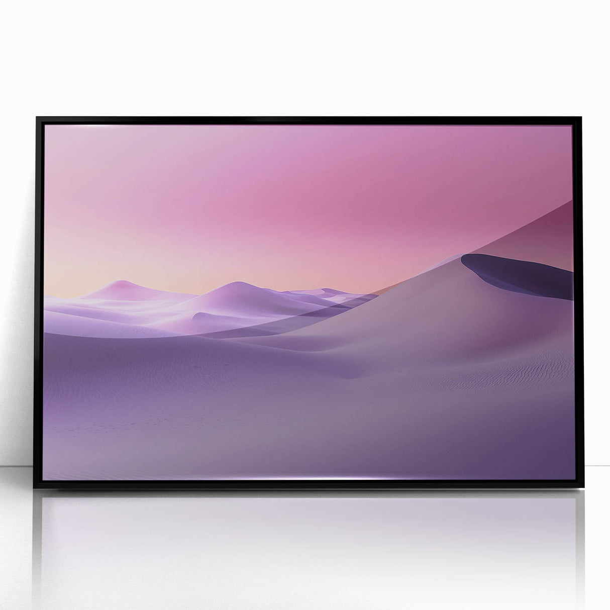 Framed acrylic artwork showcasing a desert landscape with vibrant colors, featuring a black frame that enhances the visual appeal, perfect for modern decor.