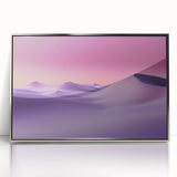 Framed acrylic artwork showcasing a vibrant desert landscape with striking colors, set against a sleek silver frame, ideal for enhancing modern interiors.