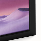 Close-up of a framed desert landscape canvas print showcasing vibrant hues of orange and gold, capturing the serene beauty of arid terrains in an elegant setting. Ideal for modern home decor.