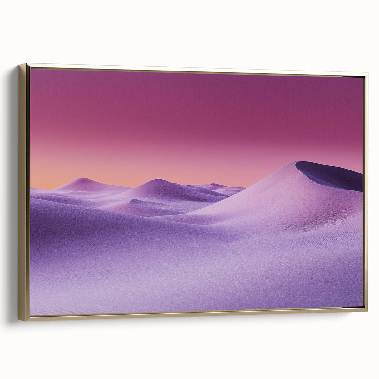 Framed canvas artwork depicting a stunning desert landscape with vibrant colors and intricate details, accented by a luxurious gold frame, perfect for home decor.