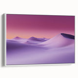 Framed canvas art depicting a serene desert landscape with soft earth tones, featuring rolling dunes and a clear blue sky, showcased in a sleek white frame.