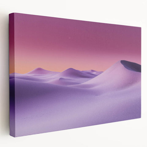Desert landscape stretched canvas artwork showcasing vibrant hues of orange and yellow, emphasizing a serene sunset over sand dunes, perfect for home decor.