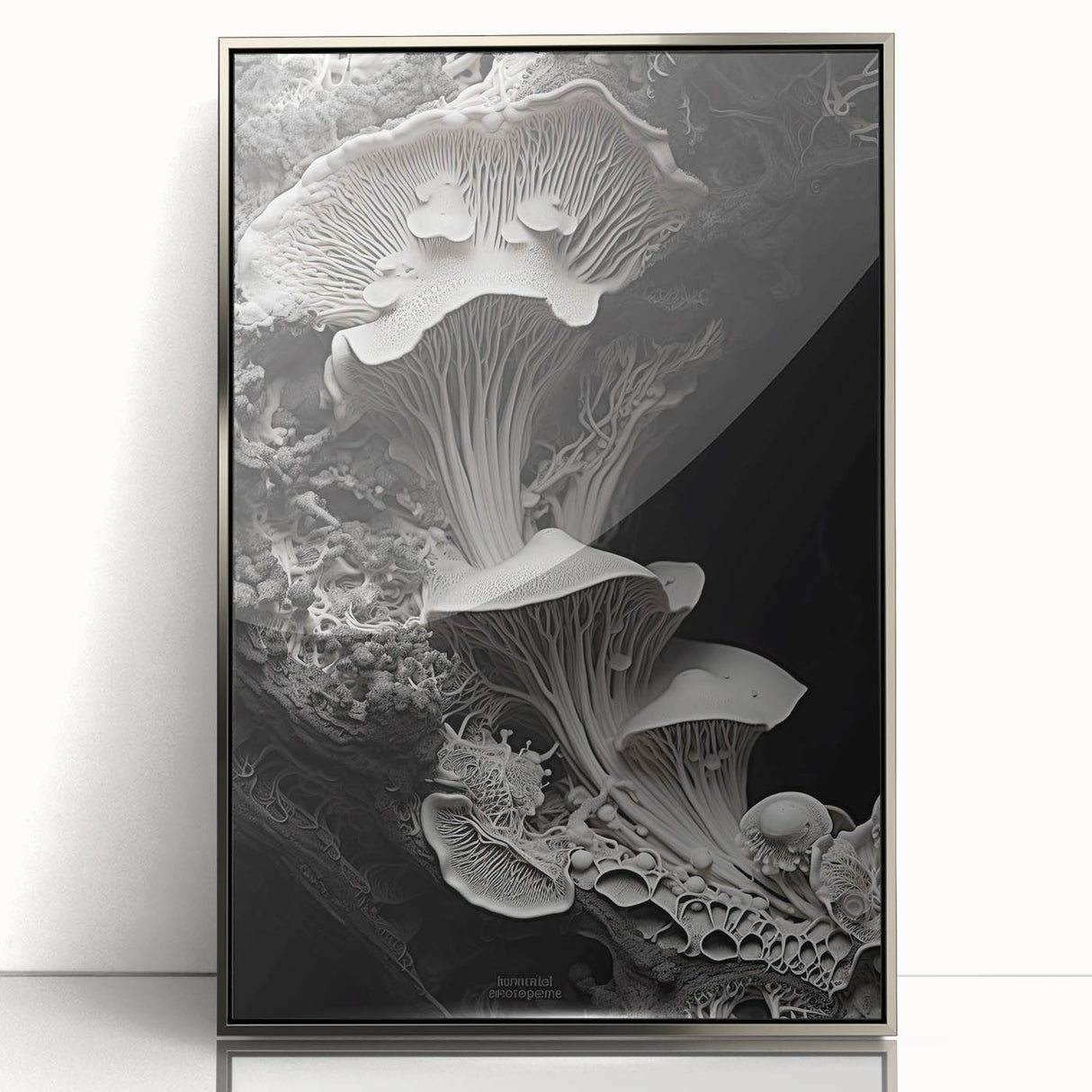 Mid-century modernist art deco poster featuring geometric shapes in silver and gray tones on acrylic.