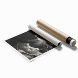 Extra large rolled print featuring close-up floral elements in soft gray tones.