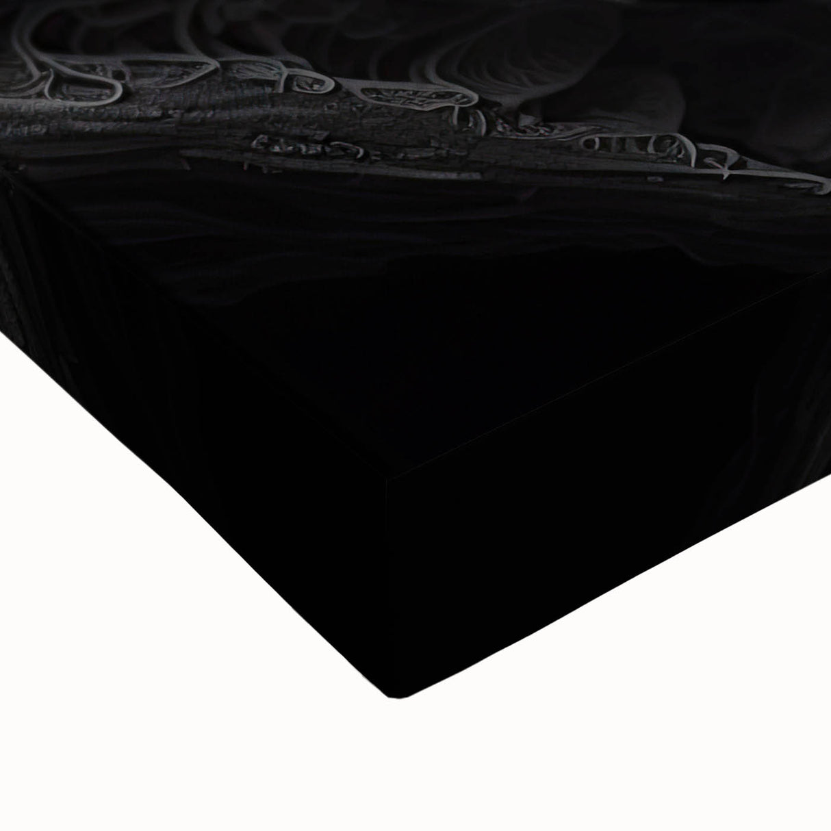 Large art of a black and white landscape painting on stretched canvas, featuring a close-up view of natural elements.