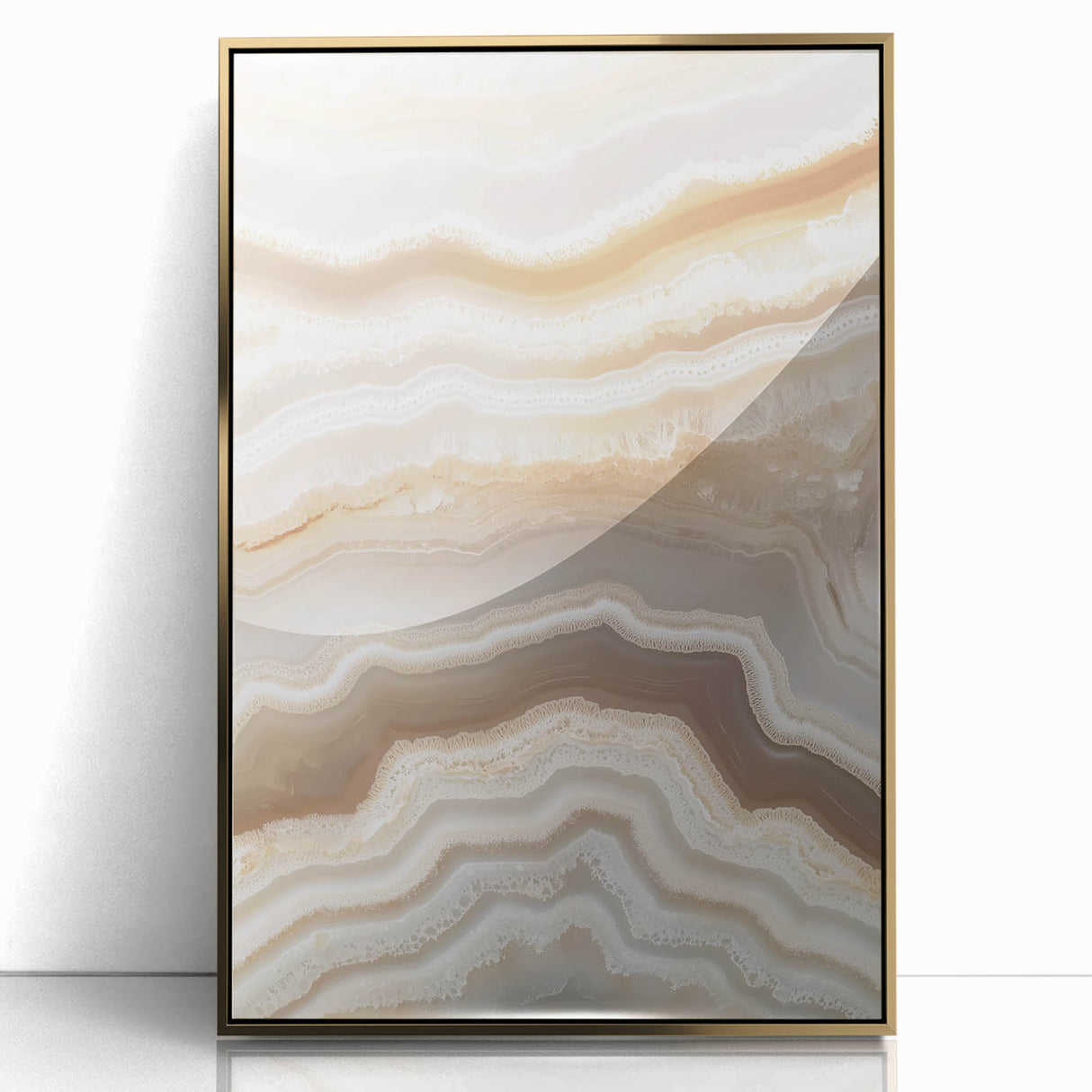 Large art print of a close-up leaf detail in gold and green tones, framed acrylic, mid-century modernist style.
