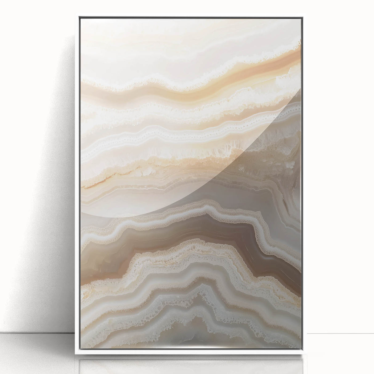 Art deco poster featuring close-up nature elements in muted green and white tones on framed acrylic.