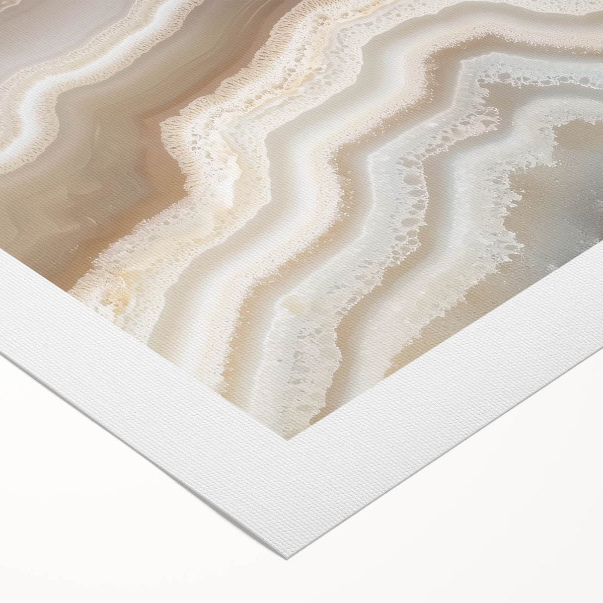Art deco poster featuring close-up of nature elements in muted green and brown hues on rolled canvas.